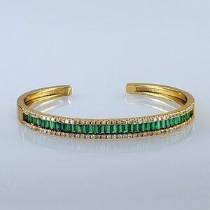14K Gold 1ct Diamond Womens 2ct Green Emerald Gemstone Bangle Bracelet Jewelry